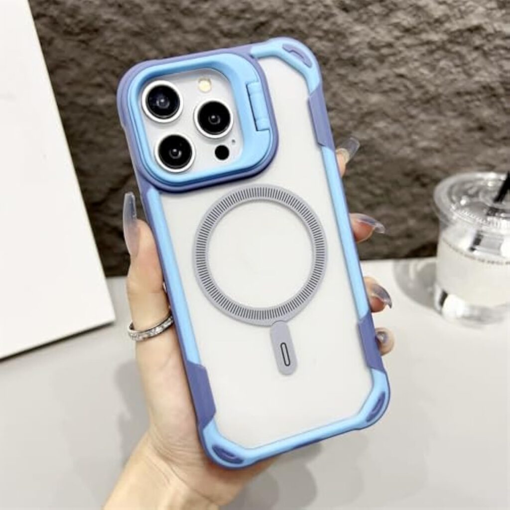 OKHOPE Magnetic Acrylic Clear Phone Case for iPhone 15/14/13 Pro Max/Plus – Blue Transparent Contrast Color Camera Stand Cover