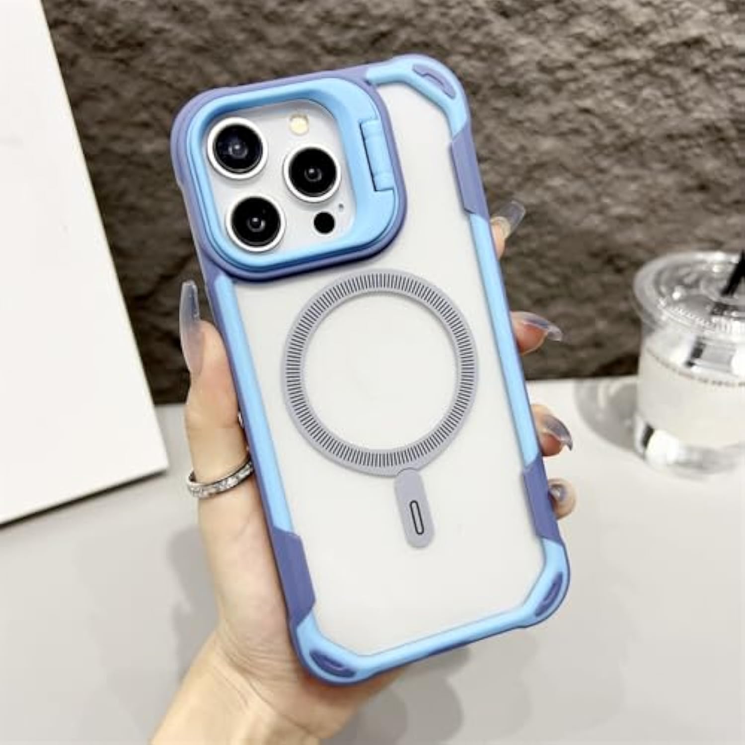 OKHOPE Magnetic Acrylic Clear Phone Case for iPhone 15/14/13 Pro Max/Plus - Blue Transparent Contrast Color Camera Stand Cover