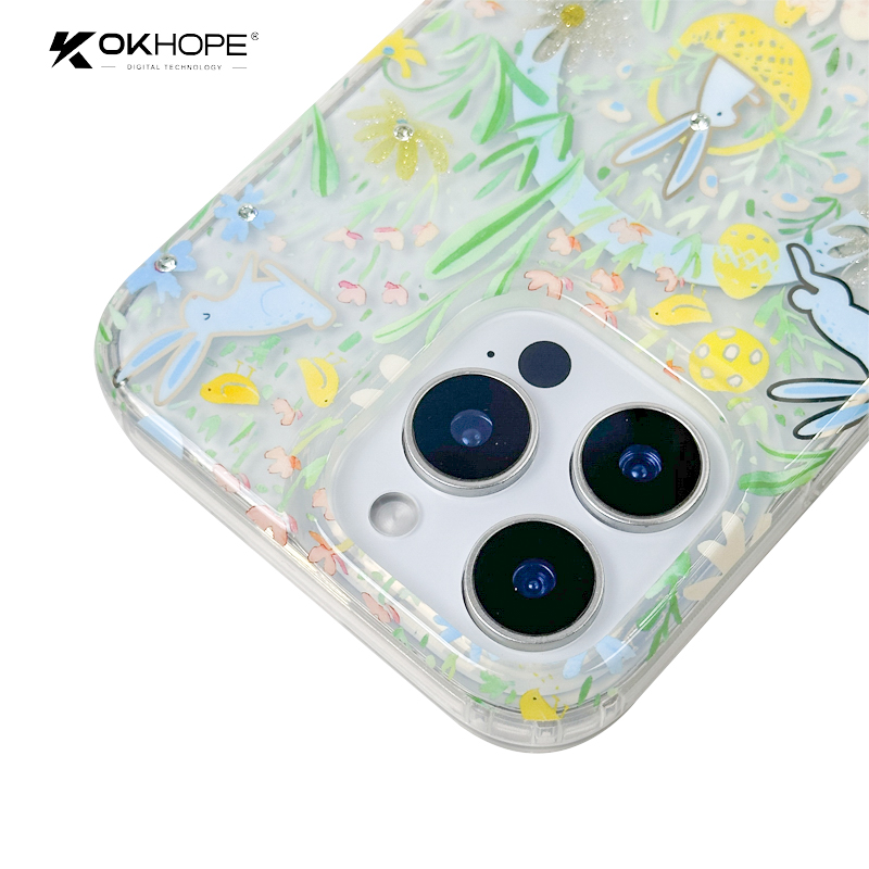 OKHOPE Bunny Rhinestone Diamond Charm Phone Case for iPhone 15 Pro Max/S24 Ultra Easter Sparkling Glitter Mobile Phone Case