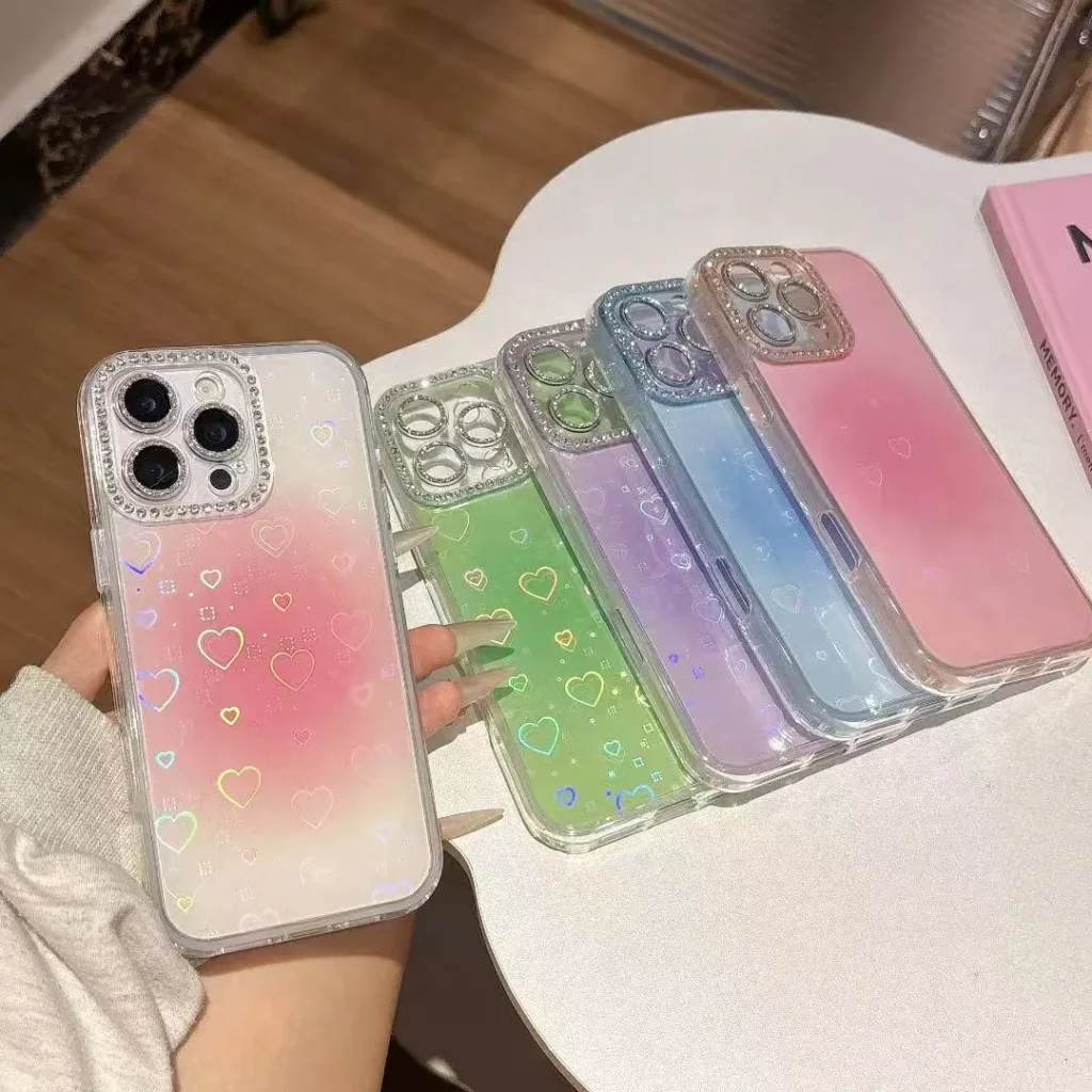 Bulk Glitter Phone Case, Rainbow Clear Heart Silicone Cover with Rhinestone Camera Ring for IPhone/Samsung