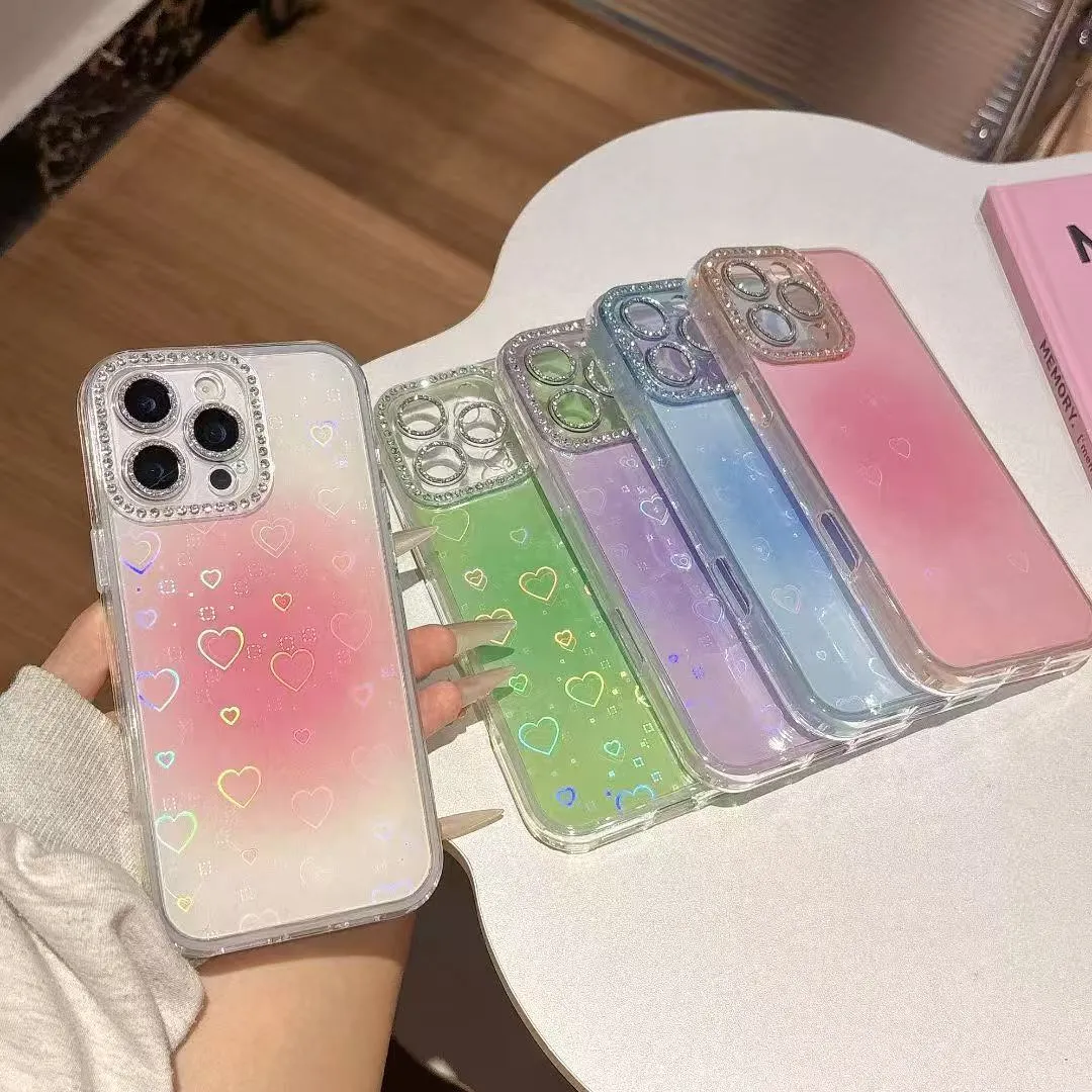 Bulk Glitter Phone Case, Rainbow Clear Heart Silicone Cover with Rhinestone Camera Ring for IPhone/Samsung