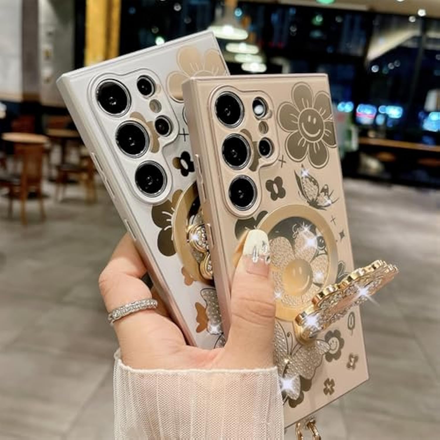 White Diamond Butterfly Flower Bling Sparkle Phone Case for Samsung for Galaxy S25 Ultra Cute Ring Bracelet Design