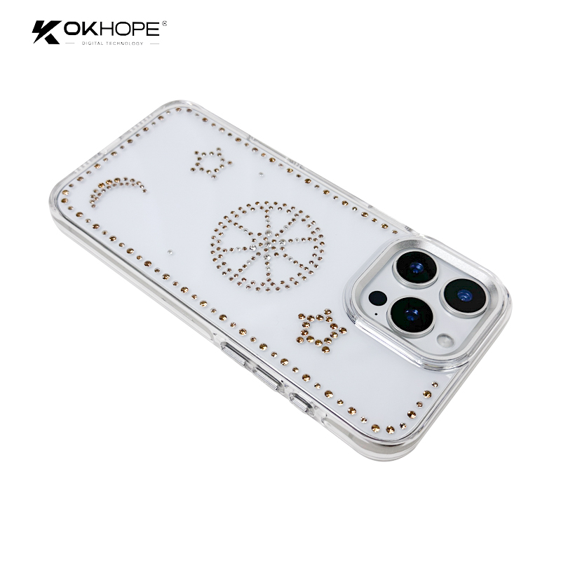 OKHOPE Sunflower Rhinestone Clear PC Phone Case for iPhone 15 Pro for Samsung Star Moon Decor Shockproof Camera Protection